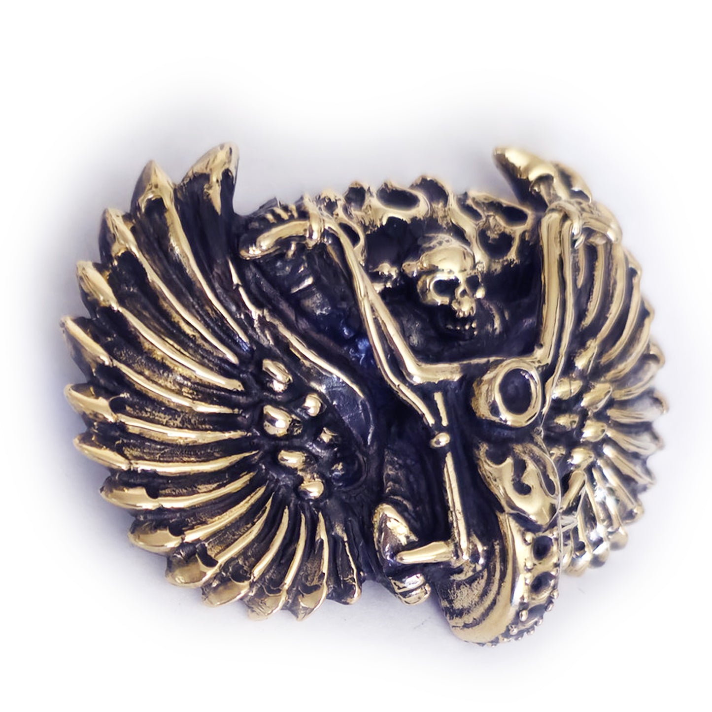 Skull Motorcyclist in Fire Brass Belt Buckle with Onyx and stones