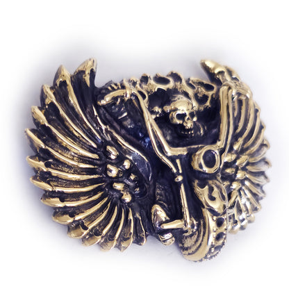 Skull Motorcyclist in Fire Brass Belt Buckle with Onyx and stones