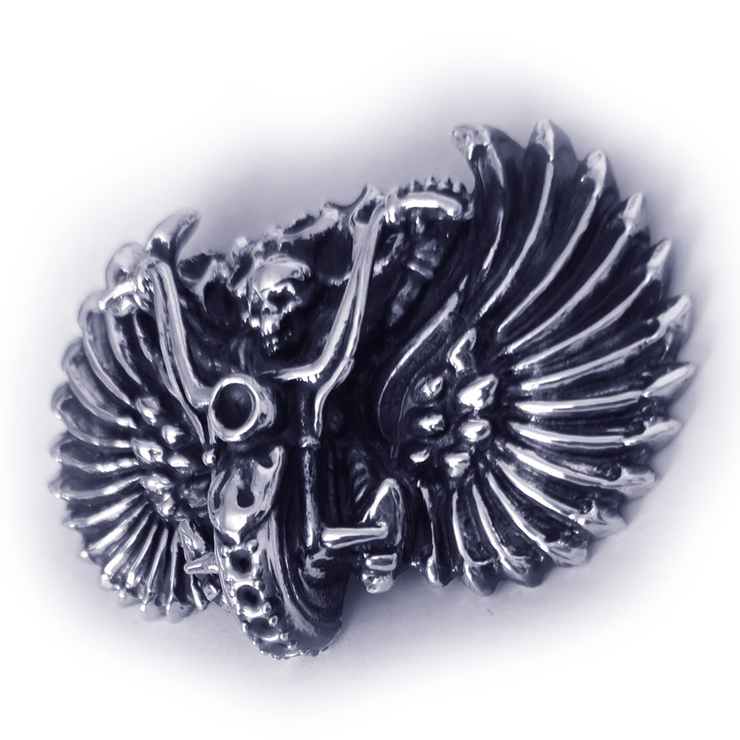 Skull Motorcyclist in Fire Silver Belt Buckle with Onyx and stones