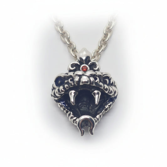 Snake Fangy Angry Head Sterling Silver Pendant with Ruby