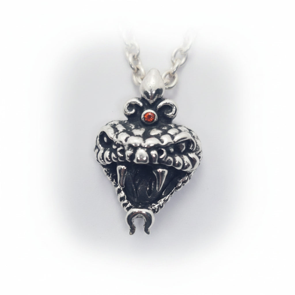 Snake Fangy Angry Head Sterling Silver Pendant with Ruby
