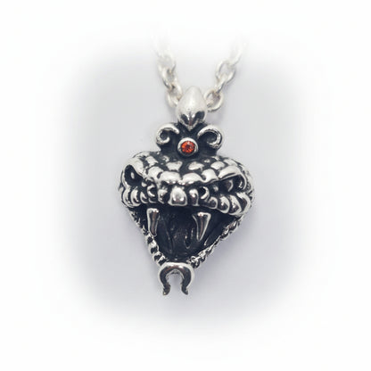 Snake Fangy Angry Head Sterling Silver Pendant with Ruby