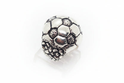 Football Soccer Ball with Flower Blossom Sterling Silver Ring
