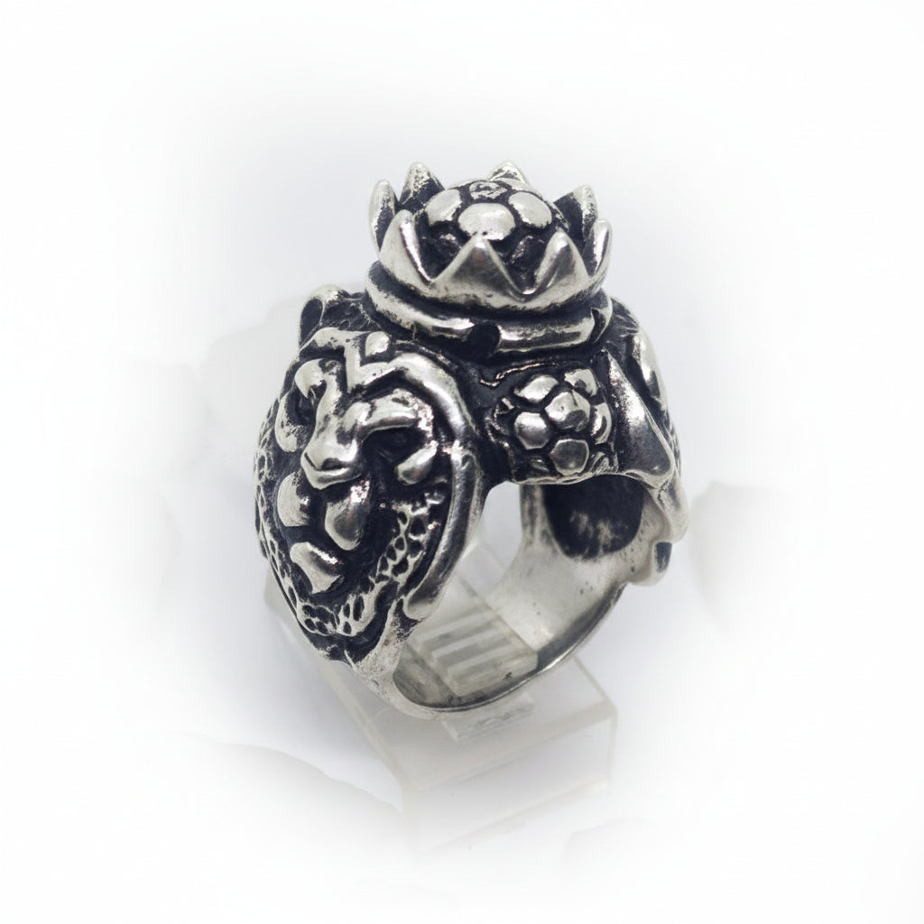 Soccer Majestic King Lions with football Ball in Crown Sterling Silver Ring