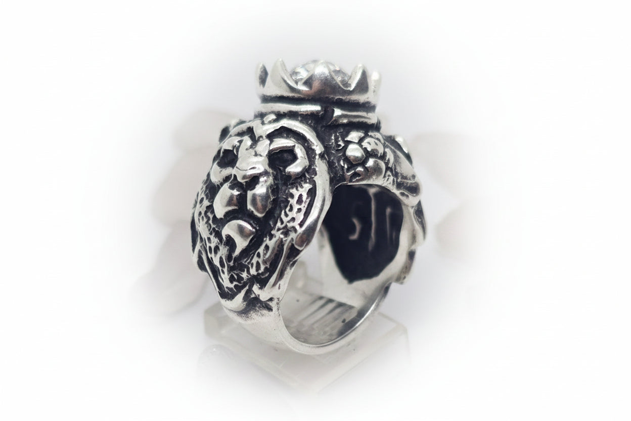 Soccer Majestic King Lions with football Ball in Crown Sterling Silver Ring
