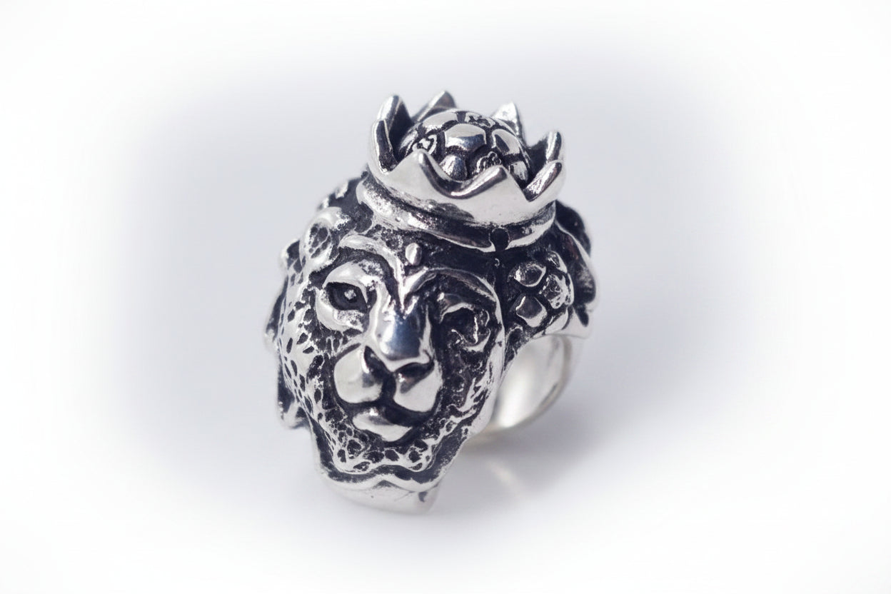 Soccer Majestic King Lions with football Ball in Crown Sterling Silver Ring