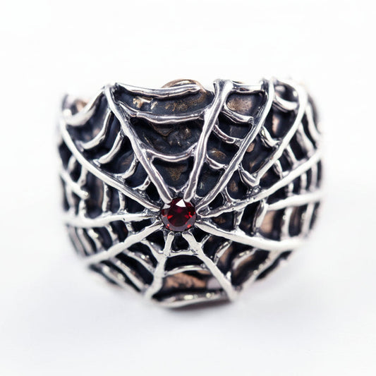 Spider Web With Garnet Stone Silver Bronze Ring