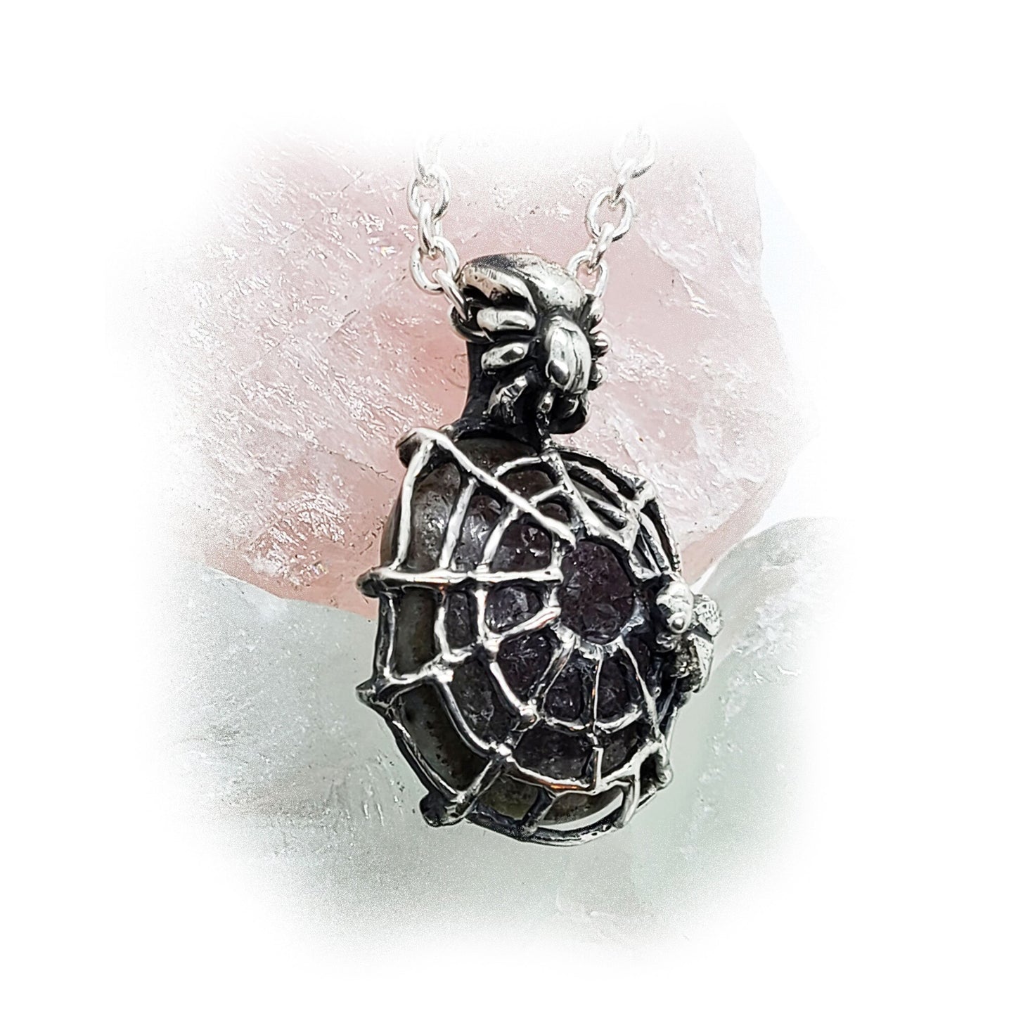 Spider with Fly and Natural Amethyst Stone Sterling Silver Necklace