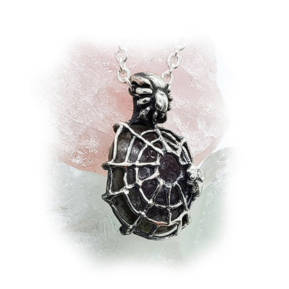 Spider with Fly and Natural Amethyst Stone Sterling Silver Necklace
