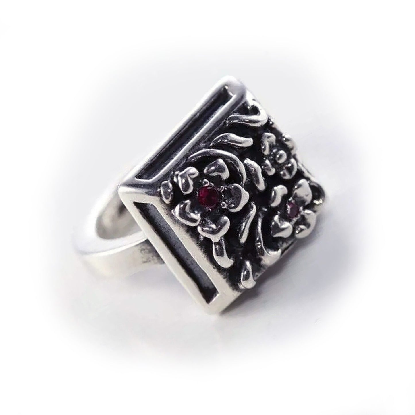Flowers in Square Sterling Silver Ring with Ruby