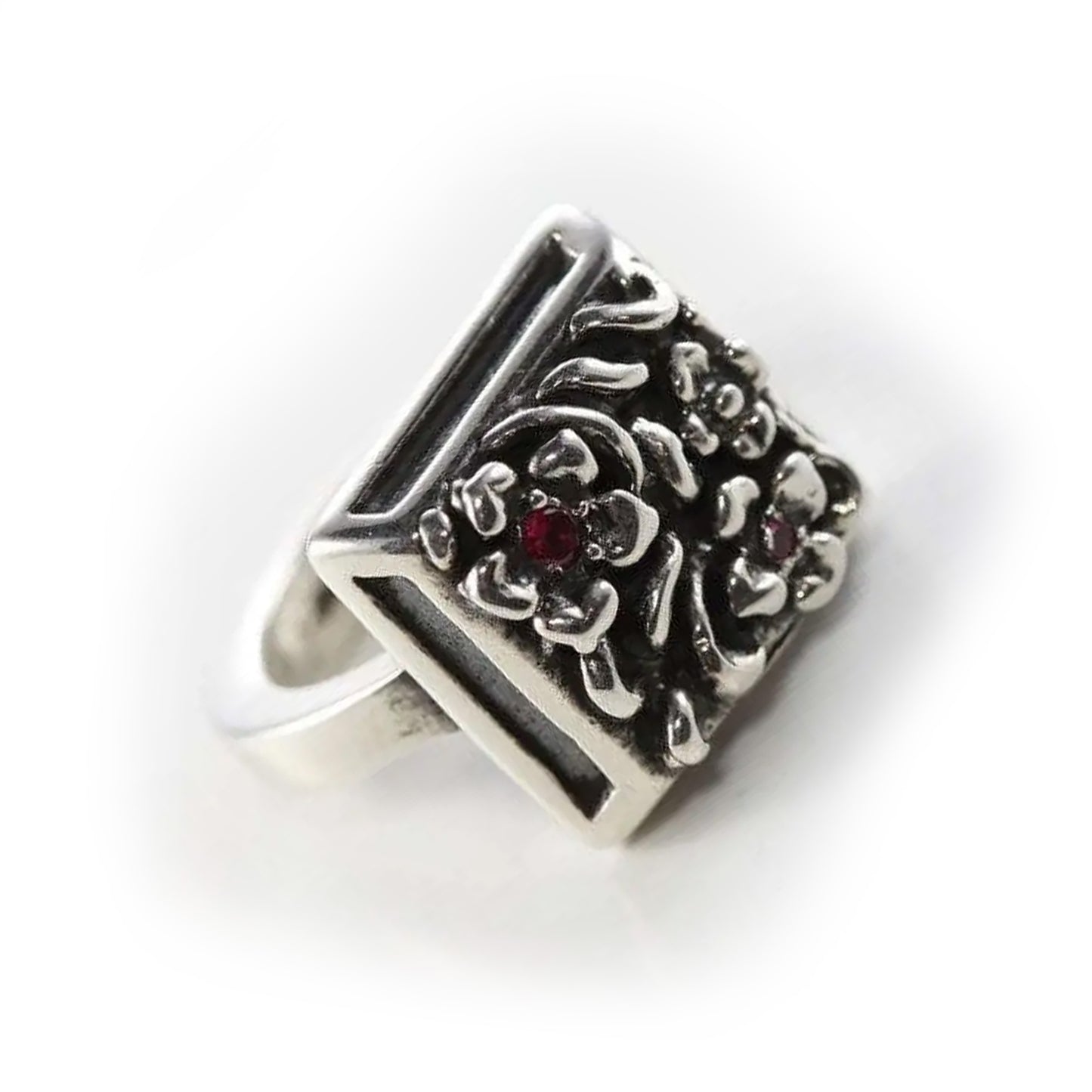 Flowers in Square Sterling Silver Ring with Ruby