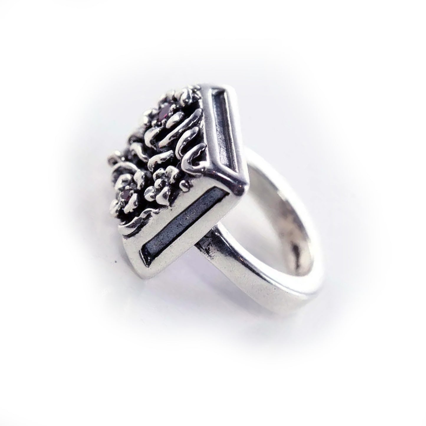 Flowers in Square Sterling Silver Ring with Ruby