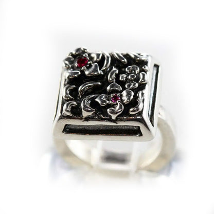 Flowers in Square Sterling Silver Ring with Ruby