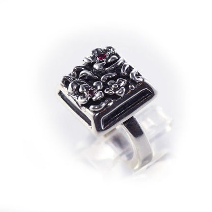 Flowers in Square Sterling Silver Ring with Ruby