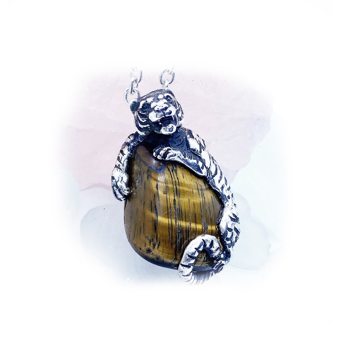 Tiger Natural Tiger Eye Stone Sterling Silver Necklace