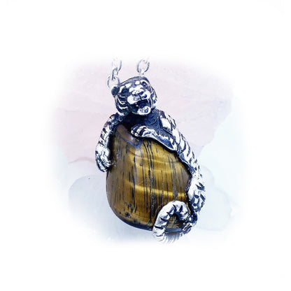 Tiger Natural Tiger Eye Stone Sterling Silver Necklace