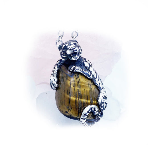Tiger Natural Tiger Eye Stone Sterling Silver Necklace