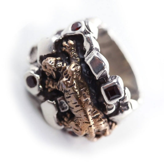 Tiger On The Rock Sterling Silver Bronze Ring