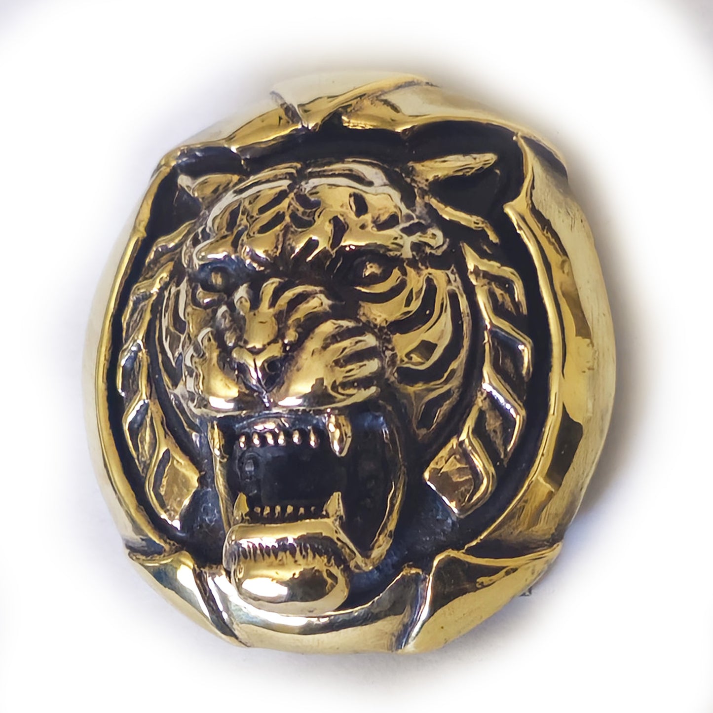 Tiger Angry Head Brass Round Belt Buckle