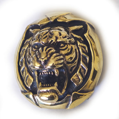 Tiger Angry Head Brass Round Belt Buckle