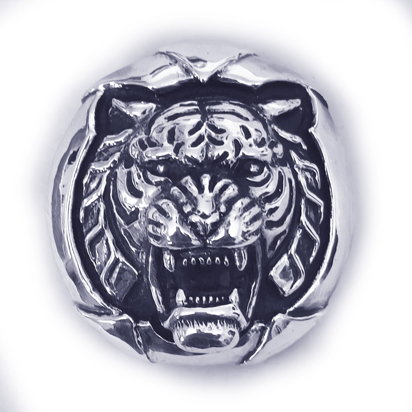 Tiger Angry Head Sterling Silver Round Belt Buckle