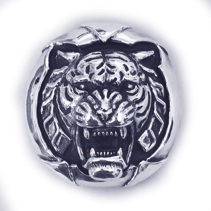 Tiger Angry Head Sterling Silver Round Belt Buckle