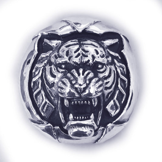 Tiger Angry Head Sterling Silver Round Belt Buckle
