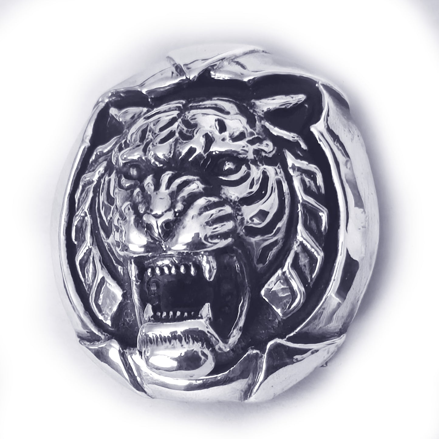Tiger Angry Head Sterling Silver Round Belt Buckle