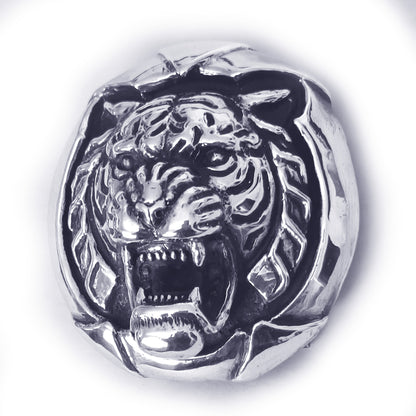 Tiger Angry Head Sterling Silver Round Belt Buckle