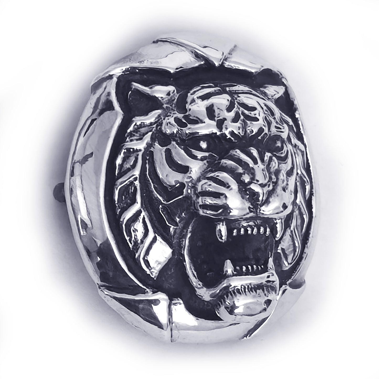 Tiger Angry Head Sterling Silver Round Belt Buckle
