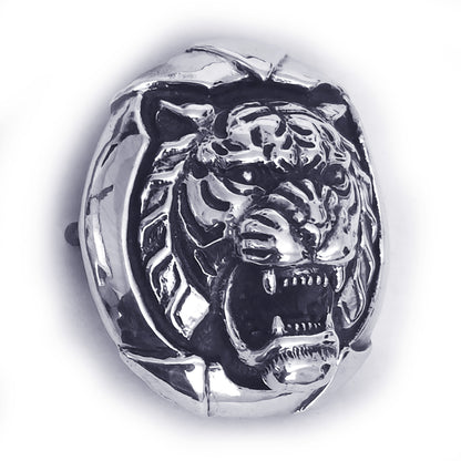 Tiger Angry Head Sterling Silver Round Belt Buckle