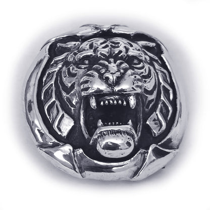 Tiger Angry Head Sterling Silver Round Belt Buckle