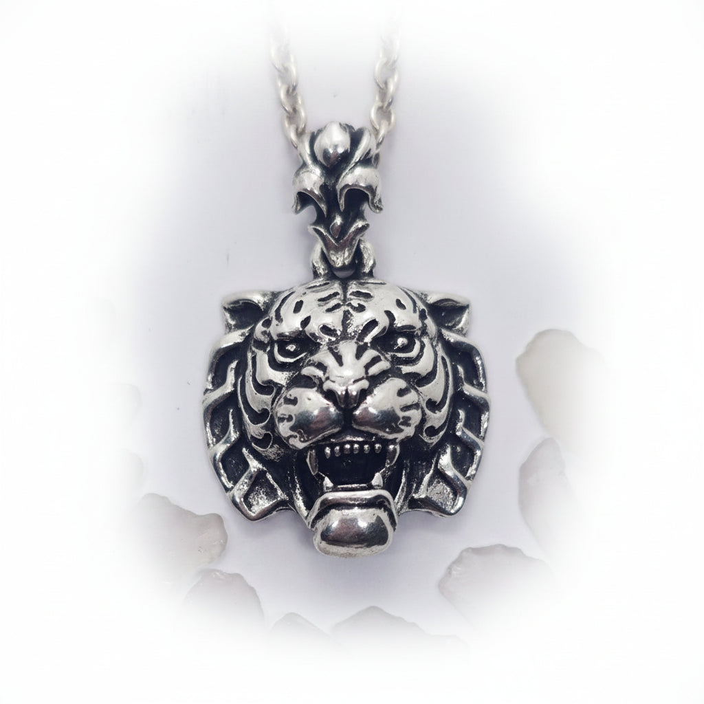 Tiger Angry Head Ancient Design Sterling Silver Pendant