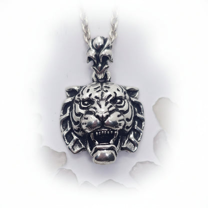 Tiger Angry Head Ancient Design Sterling Silver Pendant
