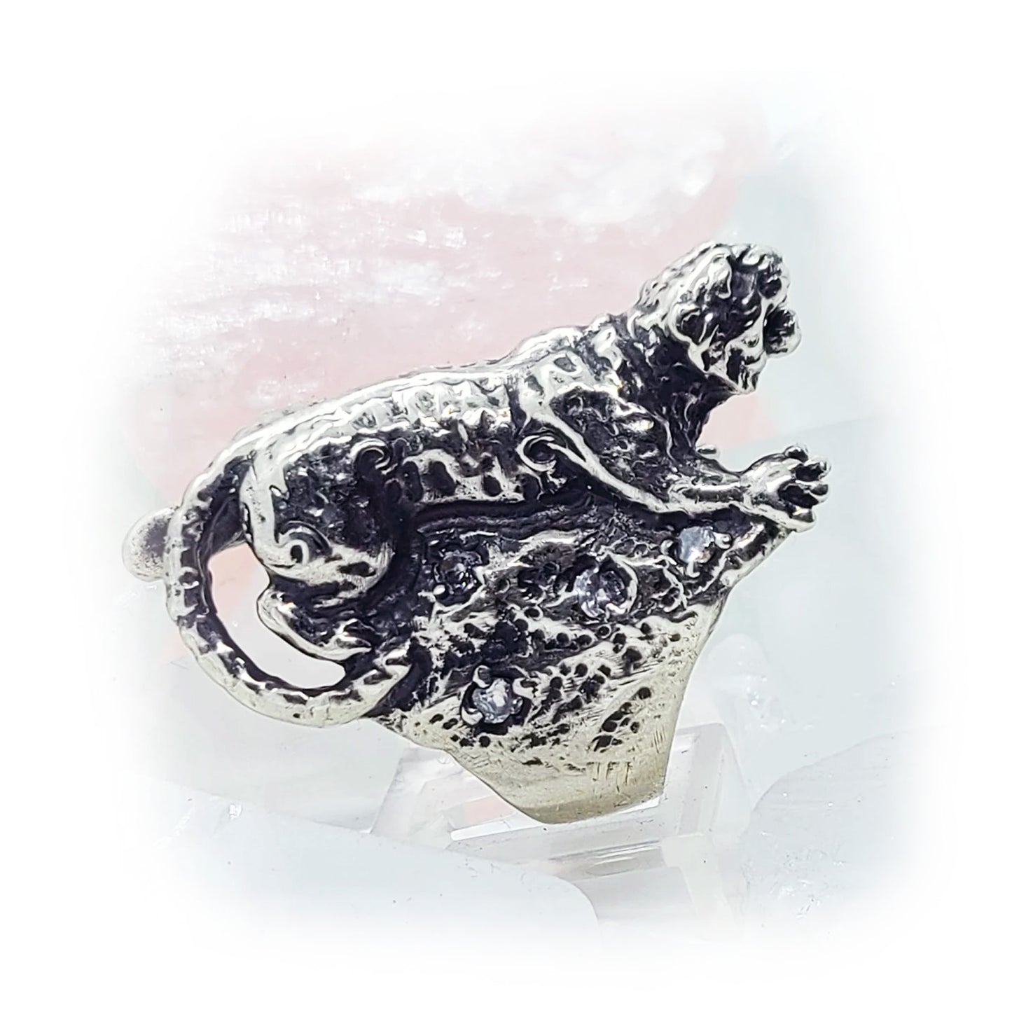 Tiger with White CZ Stones Sterling Silver Ring