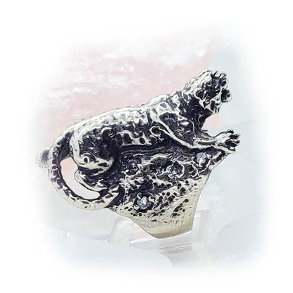 Tiger with White CZ Stones Sterling Silver Ring