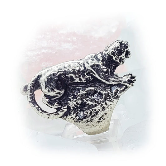 Tiger with White CZ Stones Sterling Silver Ring