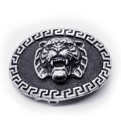 Tiger with Ancient Classic Design Oval Shape Sterling Silver Belt Buckle