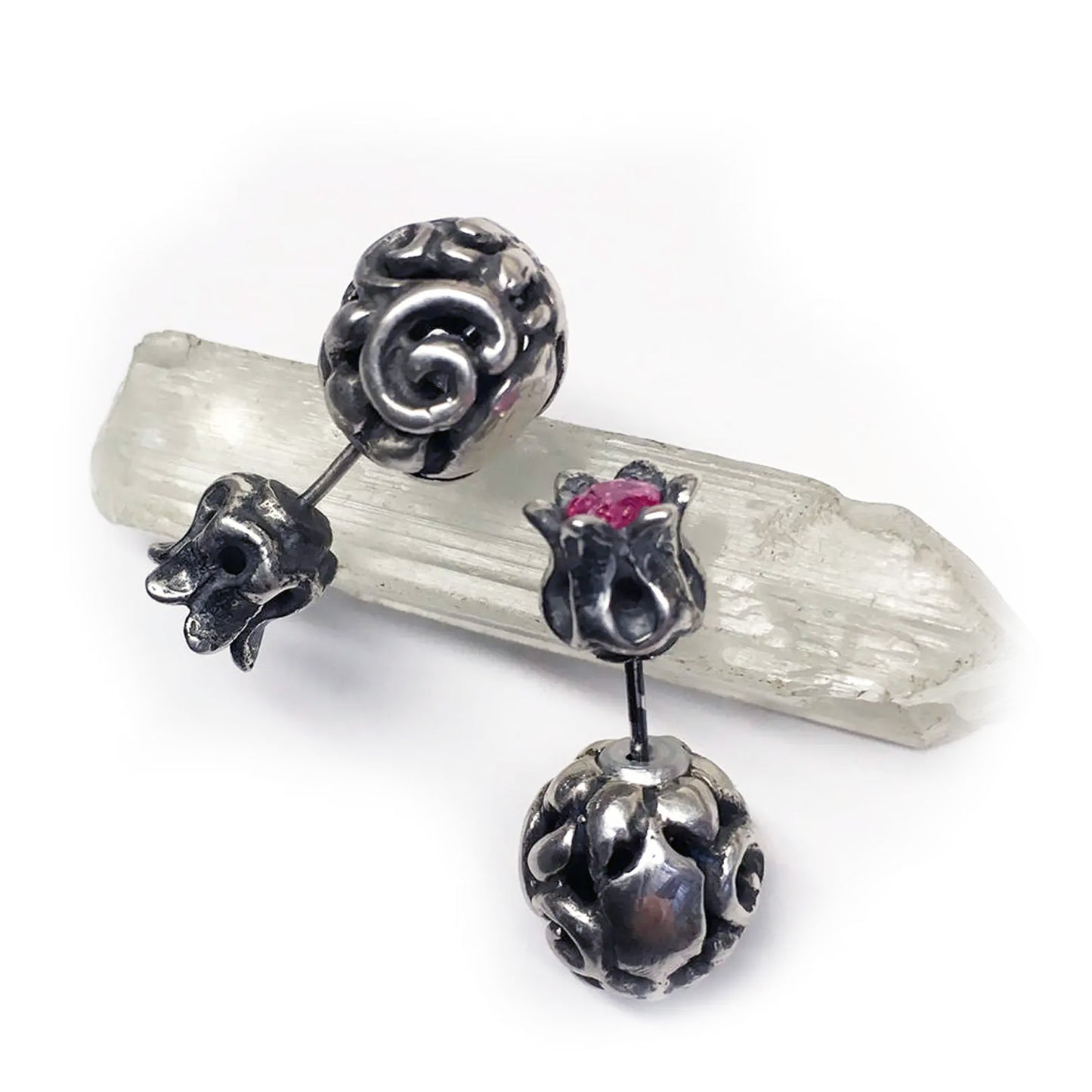 Tribal Pomegranate Sterling Silver Earring with Red Stones