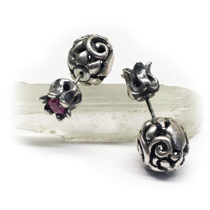 Tribal Pomegranate Sterling Silver Earring with Red Stones