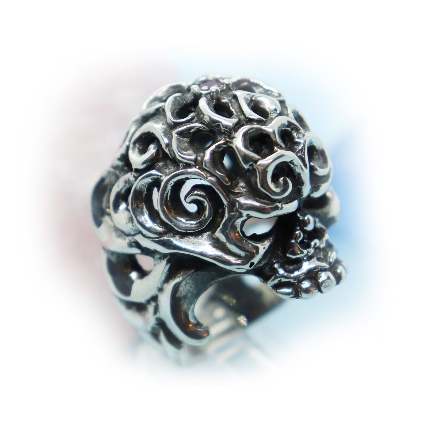 Tribal Skull Sterling Silver Ring with Ruby