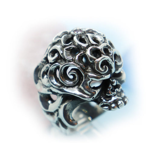 Tribal Skull Sterling Silver Ring with Ruby