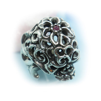 Tribal Skull Sterling Silver Ring with Ruby
