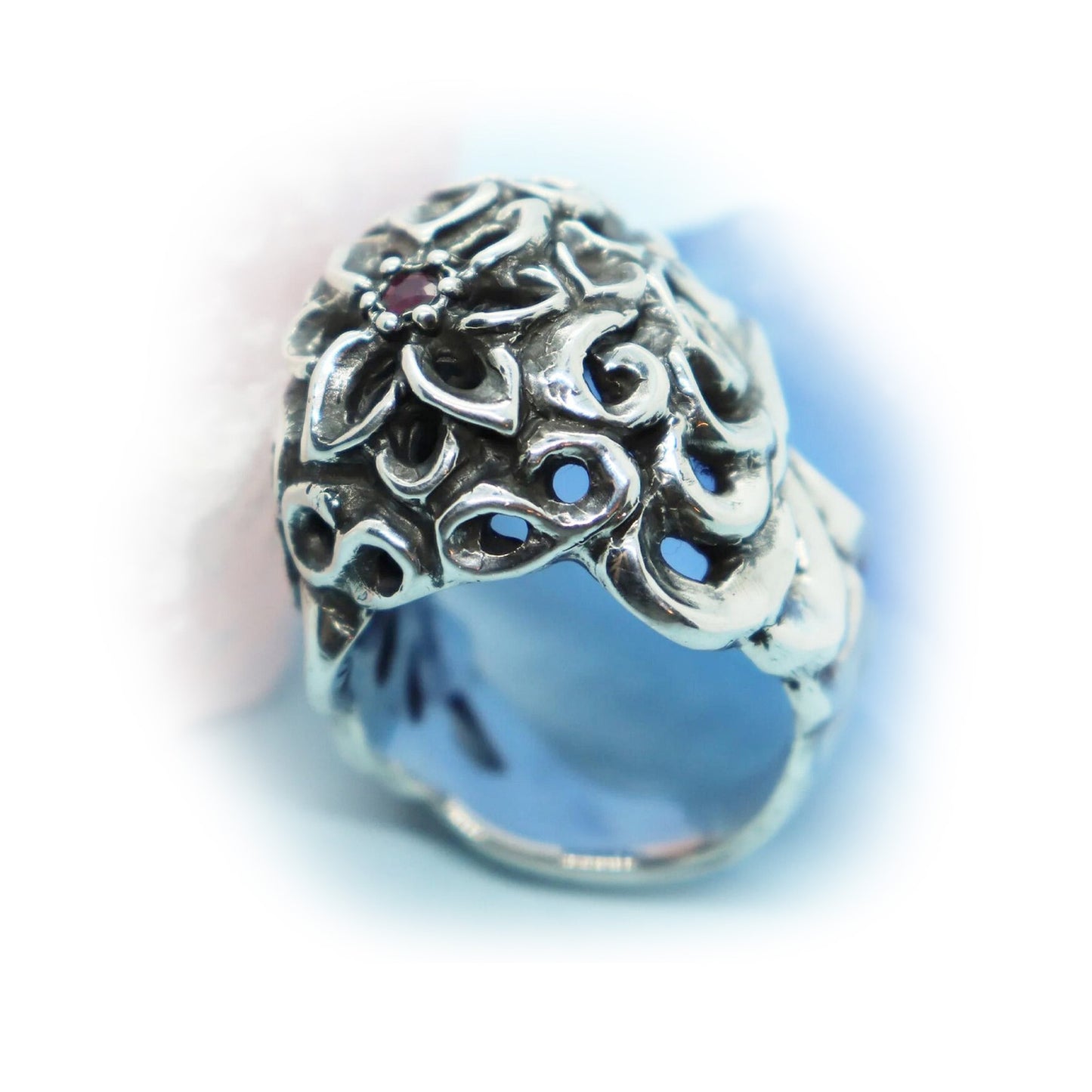 Tribal Skull Sterling Silver Ring with Ruby