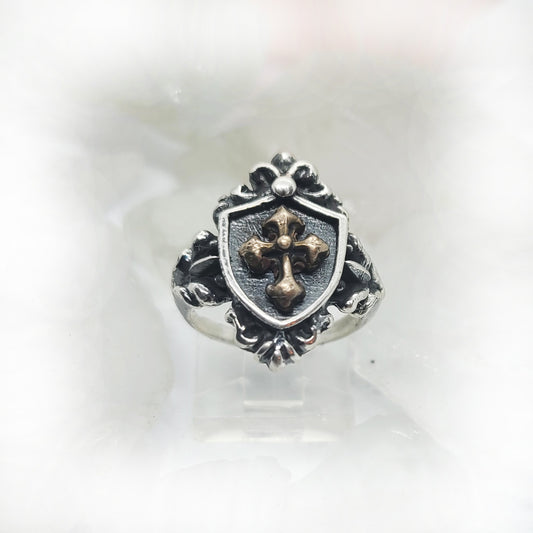 Women’s Vintage Shield with Yellow Bronze Cross Sterling Silver Ring