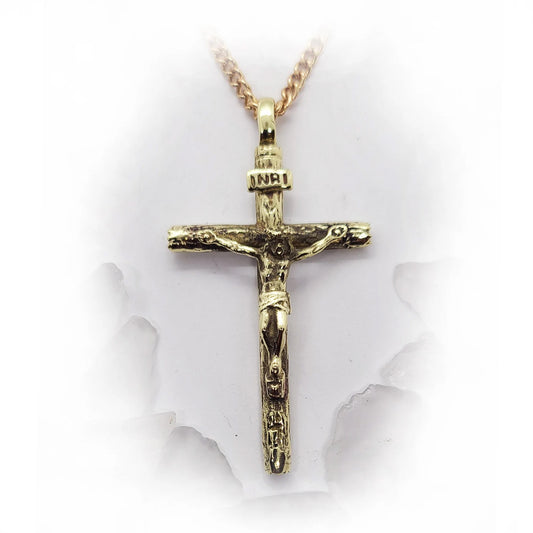 Wooden Texture Cross with Jesus Christ 18 kt Gold Pendant with Rubies