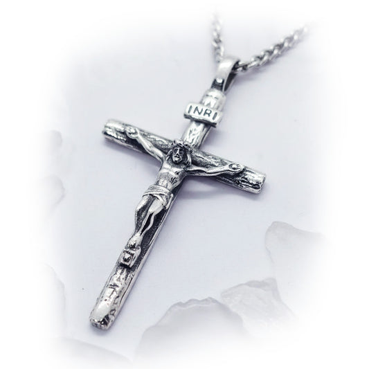 Wooden Texture Cross with Jesus Christ Sterling Silver Pendant with Rubies