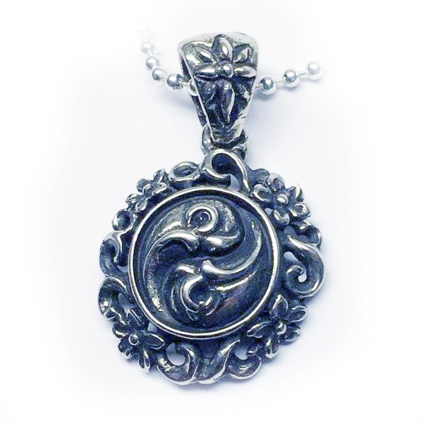 Yin-Yang Flower Sterling Silver Pendant with Ruby and Black Onyx