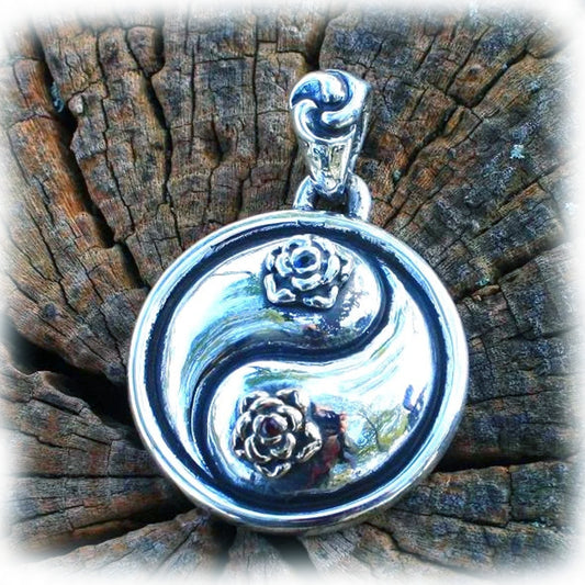 Yin-Yang Rose Sterling Silver and Bronze Pendant with Ruby and Black Onyx