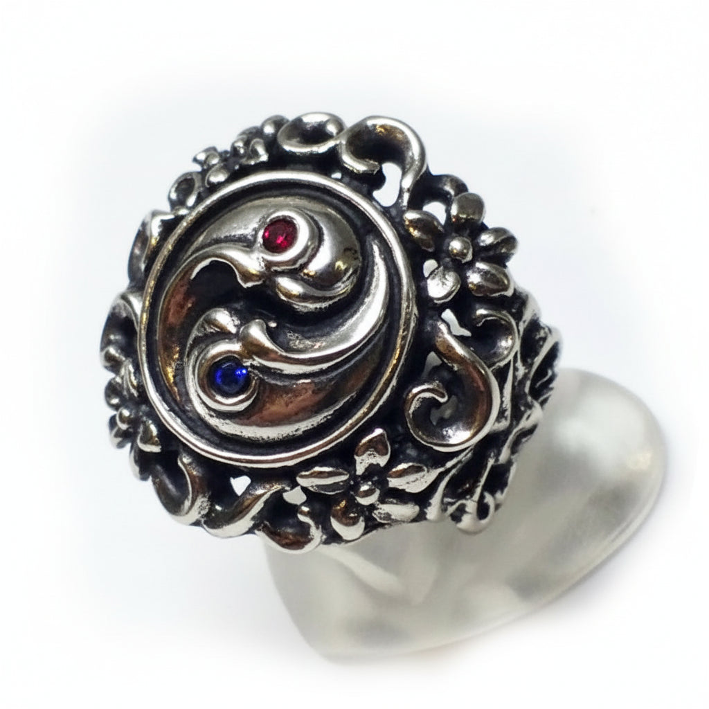 Yin-Yang With Flowers Sterling Silver Ring